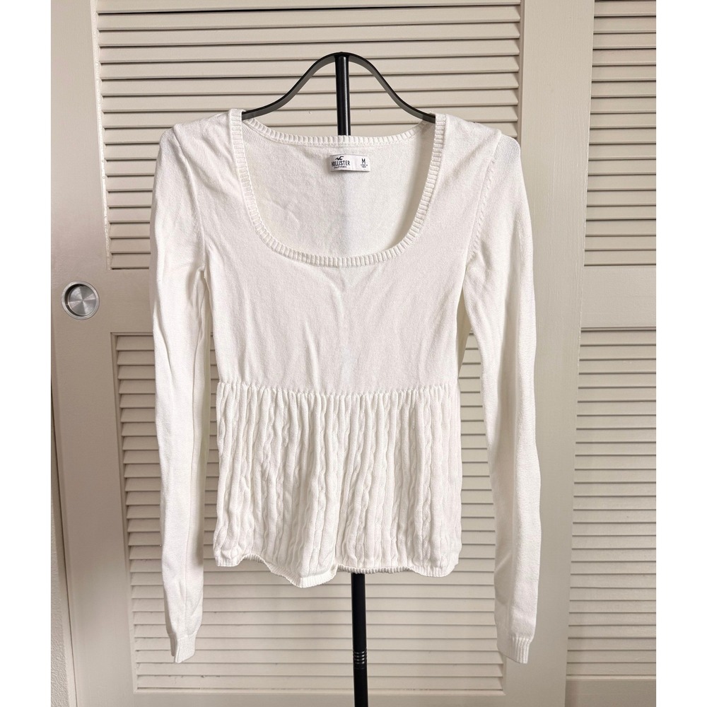 Hollister White Long Sleeve Scoop Neck Peplum Cable Knit Top Size M